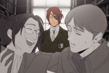 1boy 2others age_comparison bookshelf brown_eyes brown_hair commentary_request dual_persona eyepatch flashback frown glasses green_jacket hange_zoe hanpetos jacket moblit_berner multiple_others open_mouth paradis_military_uniform partially_colored ponytail shingeki_no_kyojin smile survey_corps_(emblem) sweatdrop window