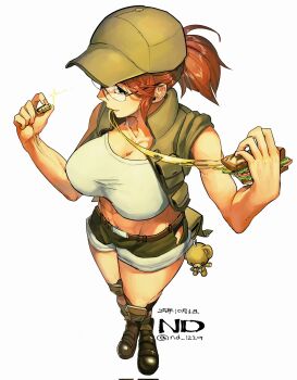1girl artist_name baseball_cap breasts brown_hair brown_hat brown_shorts bullet cheese cheese_trail cleavage collarbone crop_top cropped_jacket eating female_focus fio_germi food green_shorts green_vest hat highres jacket knee_pads large_breasts metal_slug midriff nd_1229 ponytail round_eyewear sandwich shirt short-sleeved_jacket short_ponytail short_shorts short_sleeves shorts sidelocks snk solo twitter_username utility_vest vest white_shirt