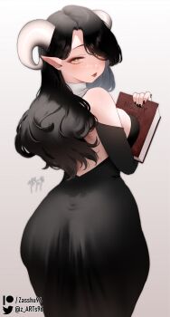 Rule 34 | 1girl, artist name, ass, bare shoulders, black hair, black nails, blush, book, breast press, commentary, curled horns, detached sleeves, english commentary, from behind, goat horns, hair over one eye, highres, holding, holding book, horizontal pupils, horns, lipstick, long hair, looking back, makeup, nail polish, patreon logo, signature, solo, standing, twitter logo, wide hips, zasshu