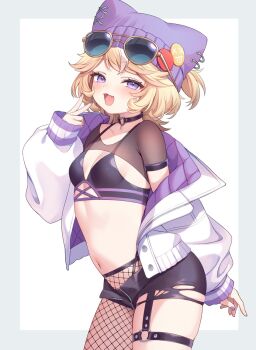 1girl adapted_costume animal_hat black_bra blonde_hair blush bra breasts cat_hat choker commentary contrapposto cowboy_shot eyewear_on_head fang hand_up hat hat_pin heart heart_choker highres identity_v jacket medium_hair navel open_clothes open_mouth open_shorts petite pierced_hat pomilkoic purple_eyes purple_hat purple_nails shorts single_fishnet_legwear skin_fang skindentation sleeves_past_wrists small_breasts solo stomach swept_bangs thigh_strap torn_clothes torn_shorts tracy_reznik tracy_reznik_(lock_core) underwear v white_jacket