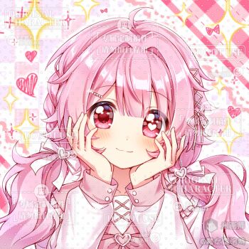 1girl ahoge blunt_bangs blush checkered_background closed_mouth hair_intakes hair_ribbon heart heart-shaped_pupils highres long_hair long_sleeves looking_at_viewer low_twintails mihuashi_username mismatched_pupils monu_xialuote original pink_background pink_hair pink_shirt portrait red_eyes ribbon shirt smile solo sparkle symbol-shaped_pupils twintails watermark white_ribbon