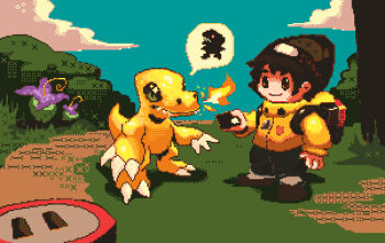 Rule 34 | agumon, alraumon, backpack, bag, brown hair, claws, digimon, digimon (creature), digimon world, fire, green eyes, hat, highres, looking at another, mameo (digimon)