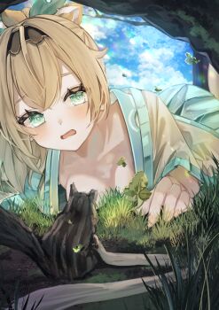 1girl animal blonde_hair blush breasts cloud convenient_censoring grass green_eyes hairband hololive kazama_iroha leaf lying medium_breasts no_bra on_ground on_stomach open_clothes open_mouth outdoors plant sky solo_focus squirrel virtual_youtuber yuzuno_wagiri