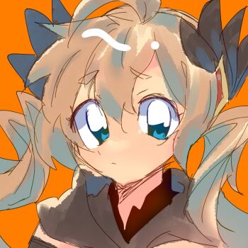 1girl artist_request blue_eyes chaos_gerda_(grimms_notes) chaos_gerda_(original)_(grimms_notes) closed_mouth grimms_notes hair_ornament highres looking_at_viewer orange_background simple_background solo source_request twintails upper_body