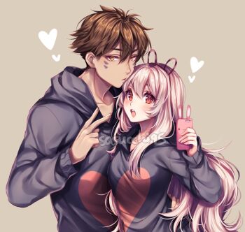 1boy 1girl :o aki_(sasucchi95) animal_ear_hairband animal_ears antenna_hair black_hoodie borrowed_character breasts brown_background brown_hair brown_hairband commentary dark-skinned_male dark_skin double-parted_bangs english_commentary fake_animal_ears hair_behind_ear hair_between_eyes hair_over_shoulder hairband hand_on_another&#039;s_waist hand_up heads_together heart heart_print hetero holding holding_phone hood hood_down hoodie interracial inward_v long_hair long_sleeves looking_at_viewer marlow_(michiroon) open_mouth original parted_lips phone puffy_long_sleeves puffy_sleeves rabbit_ear_hairband rabbit_ears red_eyes redrawn sasucchi95 short_hair sidelocks simple_background size_difference small_breasts tareme teeth thick_eyebrows tongue tsurime upper_body upper_teeth_only v very_long_hair very_short_hair white_hair yellow_eyes