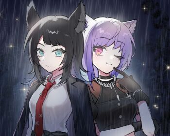 2girls animal_ear_fluff animal_ears arknights bang_dream! bang_dream!_it's_mygo!!!!! black_gloves black_hair black_jacket blue_eyes breasts cat_ears cat_girl chinese_commentary closed_mouth collared_shirt commentary_request finger_to_mouth gloves highres index_finger_raised jacket jewelry kemonomimi_mode looking_at_viewer medium_breasts medium_hair multiple_girls necklace necktie one_eye_closed purple_eyes purple_hair rain red_necktie shirt short_hair smile sparkle upper_body white_shirt wolf_ears wolf_girl yahata_umiri yahata_umiri_(lupo) yahata_umiri_(moonlight_executioner) yu_gao_gao yuutenji_nyamu yuutenji_nyamu_(feline) yuutenji_nyamu_(magician_of_passion)