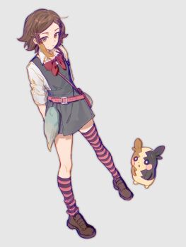 1girl asymmetrical_legwear bag belt bow brown_eyes brown_hair character_request closed_mouth collared_shirt dress fua1heyvot4ifsr gen_8_pokemon grey_dress highres kneehighs morpeko morpeko_(full) nintendo open_mouth parted_lips pink_belt pokemon pokemon_(creature) red_bow shirt shoes short_hair shoulder_bag simple_background sleeves_rolled_up socks striped_clothes striped_socks striped_thighhighs thighhighs uneven_legwear white_shirt