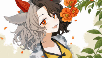 1girl animal_ears breasts brown_hair chinese_commentary cleavage commentary_request cow_ears cow_girl cow_horns fafa falling_petals flower flower_request grey_hair haori highres horns japanese_clothes large_breasts medium_hair multicolored_hair open_mouth orange_flower orange_petals petals red_eyes red_horns smile solo split-color_hair tank_top touhou two-tone_hair ushizaki_urumi yellow_tank_top