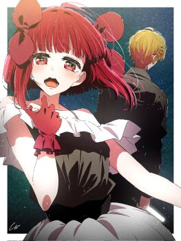 Rule 34 | 1boy, 1girl, 4b-enpitsu, arima kana, blonde hair, blush, border, bow, braid, commentary request, corrupted twitter file, gloves, grey shirt, hair bow, highres, hoshino aquamarine, idol, idol clothes, light particles, medium hair, microphone, open mouth, oshi no ko, outside border, red eyes, red gloves, red hair, shirt, short hair, white border