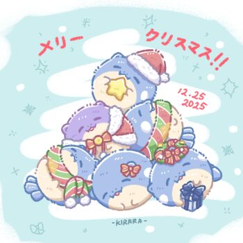 alternate_color artist_name bow box cape christmas christmas_present christmas_wreath closed_eyes clothed_pokemon commentary_request dated ear_bow fur-trimmed_cape fur_trim gen_3_pokemon gift gift_box hat holding holding_star kirara_(kirara-cecilvenes) merry_christmas nintendo no_humans open_mouth pokemon pokemon_(creature) pokemon_focus santa_hat scarf shiny_and_normal shiny_pokemon spheal star_(symbol) striped_clothes striped_scarf translation_request wreath