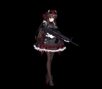 1girl ^_^ adjusting_clothes adjusting_headwear animated animated_gif arm_pouch assault_rifle back_bow black_bow black_rose_(counter:side) black_shoes blue_eyes bouncing_breasts bow breasts brown_hair cardiogram center_frills closed_eyes commentary counter:side english_commentary eyewear_on_head floating_hair fn_scar_16 footwear_bow frilled_skirt frills full_body gloves gun hair_between_eyes hair_bow head-mounted_display high_heels holding holding_gun holding_weapon juliet_sleeves large_breasts long_hair long_sleeves looking_ahead looping_animation maid neck_ribbon official_art pantyhose parted_lips petticoat pouch puffy_sleeves red_bow red_ribbon ribbon rifle shoes simple_background skirt skirt_hold solo standing strappy_heels tactical_maid transparent_background trigger_discipline unconventional_maid underbust very_long_hair weapon white_gloves