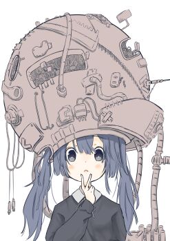 absurdres auhuheben17 blue_eyes blue_hair collared_shirt hair_between_eyes highres light_blush looking_at_viewer machine original parted_lips shirt solo twintails upper_body v white_background