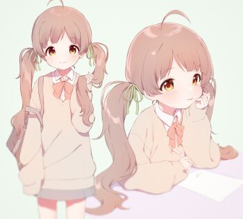 1girl :p absurdres ahoge arm_at_side arm_rest bag blurry blush bow bowtie brown_hair brown_sweater closed_mouth collared_shirt commentary depth_of_field dot_nose elbow_rest green_ribbon grey_bag grey_skirt hair_ribbon hakozaki_serika hand_up head_on_hand heart highres holding holding_own_hair holding_pencil idolmaster idolmaster_million_live! long_hair long_sleeves looking_at_viewer looking_to_the_side mechanical_pencil miniskirt multiple_views norada orange_eyes paper parted_bangs pencil pleated_skirt raised_eyebrows red_bow red_bowtie ribbon school_bag school_uniform shirt shoulder_bag simple_background sitting skirt sleeves_past_fingers sleeves_past_wrists smile split_mouth standing sweater symbol-only_commentary tongue tongue_out twintails white_background white_shirt