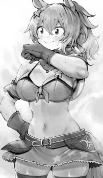 1girl absurdres animal_ears blush breasts cleavage closed_mouth commentary cowboy_shot crop_top greyscale hair_between_eyes hair_ornament hand_on_own_hip hand_up highres horse_ears horse_girl horse_tail large_breasts long_hair midriff miniskirt monochrome navel niwarhythm ponytail scarf skirt smile solo star_(symbol) star_hair_ornament stomach sweat taiki_shuttle_(umamusume) taiki_shuttle_(wild_frontier)_(umamusume) tail thighhighs thighs umamusume