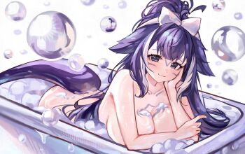 1girl ahoge animal_ears bathing bathtub blue_hair body_markings bow breasts bubble cat_ears cetacean_tail cleavage closed_mouth facial_mark fins fish_tail hair_bow hairband highres indie_virtual_youtuber large_breasts long_hair looking_at_viewer micunchi multicolored_hair nude orca_girl purple_eyes shylily soap_bubbles tail virtual_youtuber water white_background white_bow white_hair white_hairband
