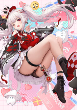 1girl absurdres between_thighs black_gloves black_panties black_shoes commentary_request from_below gloves hako_momiji hat highres honkai:_star_rail honkai_(series) long_hair looking_at_viewer mini_hat one_eye_closed open_mouth panties red_eyes red_shirt shirt shoes single_glove skirt solo sparkle_(honkai:_star_rail) sparxie_(honkai:_star_rail) thigh_strap thighs twintails underwear v white_hair white_skirt