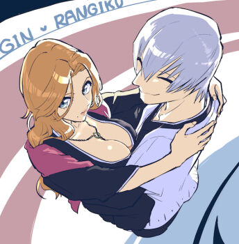 1boy 1girl bleach blue_eyes breasts cleavage closed_eyes commentary_request from_above grey_hair ichimaru_gin jewelry large_breasts matsumoto_rangiku mole mole_under_mouth nanao_itsuki necklace orange_hair pink_lips purple_scarf scarf shihakusho smile