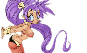 arms_behind_back ass bare_shoulders breasts butt_crack circlet dark-skinned_female dark_skin earrings genie gold_earrings highres hoop_earrings jewelry large_breasts long_hair looking_at_viewer pointy_ears ponytail purple_eyes purple_hair shantae shantae_(series) sideboob simple_background strapless teevo tube_top wrist_cuffs