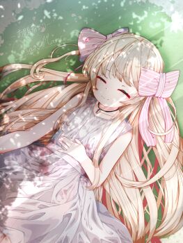 1girl alternate_costume chaos_marie_(grimms_notes) dress grimms_notes highres kaiua_(platze630) lying on_back on_grass sleeping solo white_dress