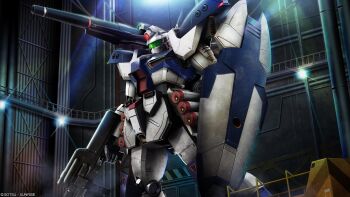 absurdres beam_rifle earth_federation energy_gun green_visor gundam gundam_battle_operation_2 gundam_silhouette_formula_91 hangar hardygun highres machinery mecha mecha_focus missile missile_pod mobile_suit no_humans painting_(medium) promotional_art radio_antenna realistic robot scan science_fiction shield shoulder_cannon sunrise_(company) tenjin_hidetaka traditional_media weapon