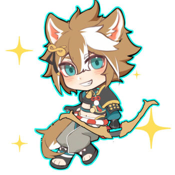 1boy animal_ears blush bow_(weapon) chibi chibi_only commentary dog_boy dog_ears dog_tail genshin_impact gorou_(genshin_impact) grin holding holding_bow_(weapon) holding_weapon looking_at_viewer luosaihuer male_focus multicolored_hair navel smile sparkle tail weapon white_background