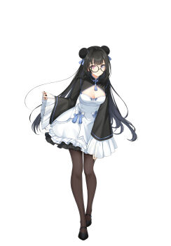 1girl :| absurdres bai_winchester black-framed_eyewear black_nails black_pantyhose black_shoes black_shrug blue_bow bow braid breasts bun_cover cleavage closed_mouth closers collared_shrug crop_top double_bun full_body glasses hair_bow hair_bun hand_on_own_thigh heterochromia high-waist_skirt highres large_breasts layered_skirt leaning_forward long_hair looking_at_viewer mandarin_collar mary_janes miniskirt multicolored_nails official_art pantyhose pink_eyes purple_eyes round_eyewear shirt shoes shrug_(clothing) side_braid skirt skirt_bow sleeves_past_wrists solo standing tachi-e teardrop-framed_glasses white_background white_nails white_shirt wide_sleeves