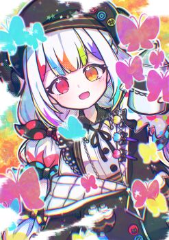 1girl :d absurdres artist_painter beret black_jacket black_ribbon blue_butterfly blunt_bangs bow bug butterfly chromatic_aberration collared_shirt commentary_request hat heterochromia highres holding holding_spray_can insect jacket jogasaki_noah long_hair long_sleeves looking_at_viewer mahou_shoujo_no_majo_saiban multi-tied_hair multicolored_hair neck_ribbon nvll off_shoulder open_mouth paintbrush pink_butterfly polka_dot polka_dot_bow red_eyes ribbon shirt smile solo spray_can streaked_hair upper_body white_hair white_shirt yellow_eyes