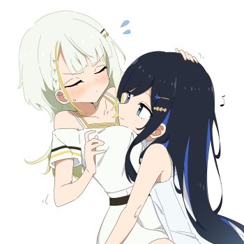 2girls a.i._voice bare_arms between_breasts black_hair blonde_hair blue_eyes blue_hair blush breasts cevio closed_eyes closed_mouth colored_inner_hair commentary_request dress eighth_note face_between_breasts flying_sweatdrops futaba_minato giryu gradient_hair hand_on_another&#039;s_head head_between_breasts highres hug long_hair multicolored_hair multiple_girls musical_note off-shoulder_dress off_shoulder simple_background smile tsunose_kotone white_background white_dress white_hair yuri
