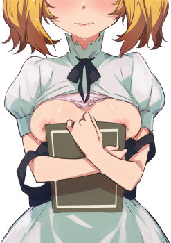 1girl aletta apron black_ribbon black_shirt blonde_hair blush bra bra_lift breasts breasts_out clothes_lift female_focus head_out_of_frame highres hugging_object isekai_shokudou lips medium_breasts menu morisobo neck_ribbon nipples pink_bra puffy_short_sleeves puffy_sleeves ribbon shirt short_sleeves shrug_(clothing) simple_background solo sweat turtleneck twintails underwear unworn_shirt upper_body waist_apron white_background