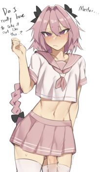 1boy astolfo_(fate) astolfo_(sailor_paladin)_(fate) blush bow braid braided_ponytail collarbone english_text fate/grand_order fate_(series) frown hair_between_eyes hair_bow highres large_penis long_hair looking_at_viewer midriff multicolored_hair navel official_alternate_costume panties penis penis_in_thighhigh pink_eyes pink_hair pink_skirt pleated_skirt sailor_collar sailor_shirt school_uniform serafuku shirt skirt solo striped_clothes striped_panties sweat thighhighs thighs trap two-tone_hair underwear white_hair xcider