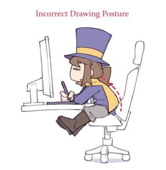 1girl a_hat_in_time boots brown_boots brown_hair cape chair child commentary correct_gaming_posture_(meme) drawing_(action) drawing_tablet english_text from_side fujimna grey_pants hair_tie hat hat_kid hat_ribbon jacket knee_boots long_sleeves meme monitor no_mouth pants ponytail purple_hat purple_jacket ribbon sidelocks sitting solo stylus swivel_chair symbol-only_commentary top_hat yellow_cape yellow_ribbon zipper_pull_tab