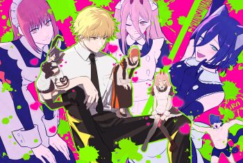 2boys 3girls absurdres alternate_costume animal_ears apron beam_(chainsaw_man) black_choker black_dress black_pants black_thighhighs blonde_hair cat_ears cat_tail chainsaw_man choker closed_mouth demon_girl demon_horns denji_(chainsaw_man) dress enmaided green_eyes heart highres horns kirayama1104 long_hair long_sleeves maid maid_headdress makima_(chainsaw_man) medium_hair multiple_boys multiple_girls one_eye_closed orange_eyes pants power_(chainsaw_man) purple_hair red_hair red_horns reze_(chainsaw_man) shark_boy short_hair short_sleeves tail thighhighs waist_apron white_apron yellow_eyes zoom_layer