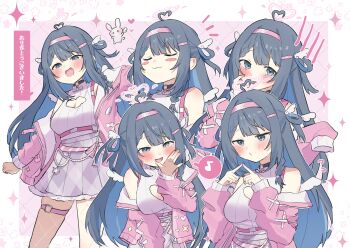 1girl absurdres ahoge amano_nene_(tenshi)_(vtuber) amano_nene_(vtuber) bandaid bandaid_hair_ornament black_choker black_hair blush braid braided_bangs breasts center-flap_bangs chest_harness choker cleavage_cutout clothing_cutout commentary_request commission cross-laced_clothes cross-laced_sleeves double-parted_bangs fidgeting fishnet_pantyhose fishnets grey_eyes hair_ornament hair_ribbon hairband hand_up harness heart heart_ahoge heart_cutout heart_o-ring highres indie_virtual_youtuber jacket keseranpasaraa large_breasts long_hair mole mole_on_breast mole_under_eye multiple_views o-ring o-ring_choker o-ring_thigh_strap o3o off_shoulder open_mouth pantyhose pink_hairband pink_jacket puckered_lips ribbon second-party_source side_braid side_up_ring sidelocks skeb_commission sleeveless sleeveless_turtleneck sweater thigh_strap turtleneck turtleneck_sweater twitter_username two_side_up underbust virtual_youtuber white_pantyhose wing_hair_ornament