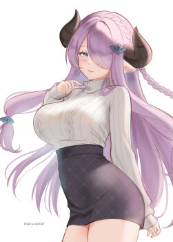 1girl akiyomi alternate_costume black_horns black_skirt blue_eyes blush breasts commentary_request cowboy_shot granblue_fantasy hair_over_one_eye high-waist_skirt high_collar highres horns large_breasts looking_at_viewer miniskirt narmaya_(granblue_fantasy) parted_lips pointy_ears purple_hair shirt simple_background skirt smile solo twitter_username white_background white_shirt