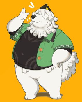 1boy absurdres animal_ears black_hat black_skirt closed_mouth commentary covered_eyes dog_boy dog_ears dog_tail furry furry_male green_shirt hand_on_own_hip hat highres male_focus mobai_(petit_planet) notice_lines petit_planet salute shirt skirt smile sparkle starbuchi symbol-only_commentary tail white_fur yellow_background