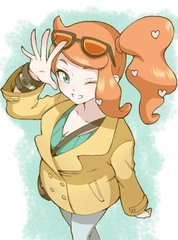 Rule 34 | 1girl, aqua eyes, aqua nails, aqua shirt, between breasts, black-framed eyewear, breasts, brown coat, cleavage, coat, collarbone, commentary request, denim, emapippi, eyewear on head, grin, hair ornament, heart, heart hair ornament, highres, jeans, medium breasts, nintendo, one eye closed, orange-tinted eyewear, orange hair, pants, pokemon, pokemon swsh, revision, ribbed shirt, shirt, side ponytail, smile, solo, sonia (pokemon), strap between breasts, sunglasses, swept bangs, tinted eyewear, v-neck, wavy hair