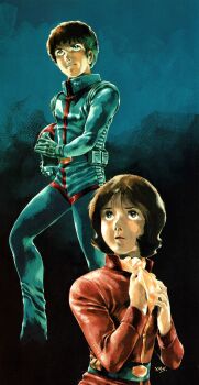 Rule 34 | 1boy, absurdres, amuro ray, blue eyes, brown eyes, brown hair, earth federation space forces, fraw bow, gundam, helmet, highres, mecha, mecha pilot suit, military, military uniform, non-web source, robot, scan, space, space helmet, spacesuit