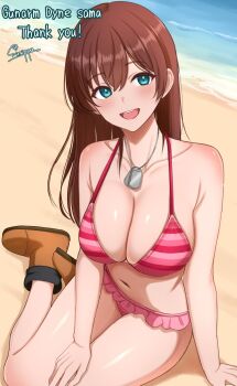 1girl beach bikini blue_eyes boots breasts brown_boots brown_hair cleavage commentary_request commission commissioner_name dog_tags frilled_bikini frills highres large_breasts long_hair navel ocean open_mouth original pink_bikini signature sitting skeb_commission smile solo striped_bikini striped_clothes surippa1010 swimsuit teeth thank_you upper_teeth_only waves yokozuwari