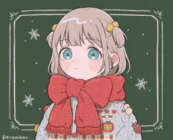 Rule 34 | 1girl, bad id, bad pixiv id, blush stickers, december, grey hair, highres, idolmaster, idolmaster shiny colors, looking at viewer, pom pom (clothes), serizawa asahi, simple background, snowflake print, solo, sorcery, sweater, two side up, upper body