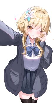 Rule 34 | 1girl, absurdres, alternate costume, black skirt, black thighhighs, blonde hair, blue bow, blue bowtie, blush, bow, bowtie, collared shirt, commentary request, dress shirt, flower, genshin impact, grey jacket, hair between eyes, hair flower, hair ornament, half-heart hands, hand up, highres, jacket, looking at viewer, lumine (genshin impact), one eye closed, outstretched arm, parted lips, pleated skirt, shirt, shirt tucked in, short hair with long locks, simple background, skirt, solo, thighhighs, wgff4824, white background, white flower, white shirt, yellow eyes, zettai ryouiki
