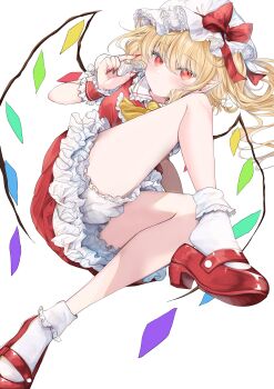 1girl absurdres arm_at_side ascot bare_legs blonde_hair blood blood_on_hands bloomers bobby_socks bow closed_mouth commentary crystal_wings dress expressionless facing_viewer fingernails flandre_scarlet foot_out_of_frame frilled_ascot frilled_hat frilled_shirt_collar frilled_socks frilled_wrist_cuffs frills from_below hand_up hat hat_bow highres invisible_chair knee_up light_blush long_fingernails long_hair looking_to_the_side low_block_heels mary_janes mob_cap multicolored_wings nail_polish petticoat pointy_ears red_bow red_dress red_eyes red_nails red_shoes red_wrist_cuffs riyu_cott sharp_fingernails shoe_dangle shoes short_dress short_sleeves side_ponytail simple_background sitting socks solo touhou underwear unfinished upskirt vampire wariza white_background white_bloomers white_hat white_socks wings wrist_cuffs yellow_ascot