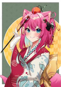 1girl 2023 animal_ear_fluff animal_ears animal_print anime_onegai aqua_eyes aqua_hair arrow_(projectile) artist_request asa_no_ha_(pattern) back_bow black_bow blush border bow cat_ears cat_girl checkered_bow checkered_clothes colored_inner_hair commentary diamond-shaped_pupils diamond_(shape) fish_print flower food food_on_head fruit fruit_on_head gloves hair_between_eyes hair_bow hair_flower hair_ornament hairclip hamaya hand_up highres holding holding_arrow japanese_clothes kimono looking_at_viewer mascot medium_hair multicolored_hair multicolored_kimono new_year nyami_g object_on_head official_art official_wallpaper orange_(fruit) outside_border pink_hair print_kimono red_flower red_kimono smile solo spanish_commentary split-color_clothes symbol-shaped_pupils tassel tassel_hair_ornament upper_body white_border white_gloves white_kimono yagasuri yellow_bow