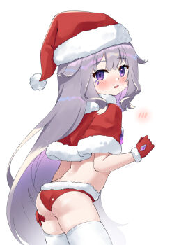 1girl absurdres ass blush capelet christmas from_behind fur_trim gevuxx gloves hand_on_own_ass hat highres hololive koseki_bijou long_hair looking_back open_mouth panties purple_eyes purple_hair red_capelet red_gloves red_hat red_panties santa_costume santa_hat solo thighhighs thighs underwear very_long_hair virtual_youtuber white_thighhighs