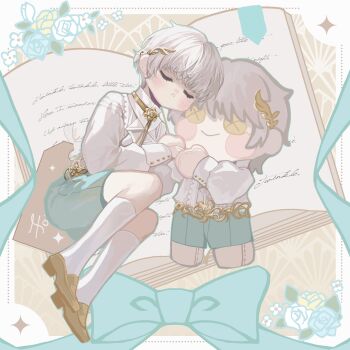 1boy :o absurdres aged_down aqua_bow aqua_flower aqua_ribbon aqua_rose aqua_shorts ascot belt blush bolo_tie book bookmark border bow brooch character_doll chinese_commentary closed_eyes cuff_links doll fetal_position flower flower_brooch full_body gold_belt highres holding_hands jewelry kneehighs laurel_crown light_and_night_love loafers long_sleeves lying male_focus on_side open_book outside_border qi_sili ribbon rose shirt shoes short_hair shorts sleeping snow234 socks solo white_ascot white_border white_flower white_hair white_rose white_shirt white_socks wispy_bangs yellow_eyes yellow_flower yellow_rose yellow_shoes