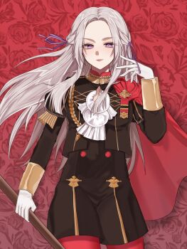 Rule 34 | 1girl, breasts, edelgard von hresvelg, fire emblem, fire emblem: three houses, floral background, flower, garreg mach monastery uniform, gloves, highres, holding, holding weapon, kumiiii 0808, long hair, looking at viewer, nintendo, open mouth, pantyhose, purple eyes, red background, red flower, red pantyhose, red rose, rose, small breasts, smile, solo, standing, weapon, white gloves, white hair