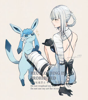 1girl ass back_bow backless_outfit bandage_on_neck bandaged_arm bandaged_leg bandages black_bow black_gloves blue_eyes blue_negligee blue_sleeves blunt_bangs bow braid braided_hair_rings breasts butt_crack creature flower flower_in_mouth full_body gen_4_pokemon glaceon gloves grey_background grey_hair hair_rings hand_on_own_knee highres kaine_(nier) kurosawa_kazuto lingerie long_hair medium_breasts negligee nier_(series) nintendo parted_lips pokemon pokemon_(creature) sitting sparkle twitter_username underwear updo white_flower