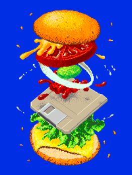 blue_background bread_bun burger cheese derivative_work floating_food floppy_disk food food_focus graphicraft_(medium) ham highres jack_haeger ketchup lettuce making-of_available mustard no_humans onion original photoshop_(medium) pickle sesame_seeds simple_background tomato water_drop xboxahoy