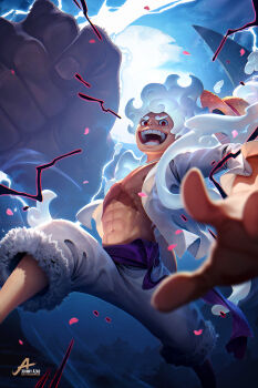 1boy abs alternate_form cloud_hair commentary curly_eyebrows devil_fruit_power elasticity english_commentary facial_scar full_moon fur-trimmed_shorts fur_trim gear_fifth giant_fist hagoromo hat hat_on_back highres johnny_azad looking_at_viewer male_focus monkey_d._luffy moon night night_sky official_alternate_hair_color one_piece open_clothes open_mouth purple_sash red_eyes sandals sash scar scar_on_cheek scar_on_chest scar_on_face shawl shirt short_hair shorts signature sky smile solo straw_hat extendable_limbs teeth white_hair white_shirt white_shorts