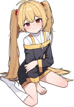 ahoge artist_request blonde_hair blush commentary_request commission cross cross_necklace flat_chest hair_between_eyes hair_bobbles hair_ornament highres jewelry korean_commentary necklace original pointy_ears red_eyes socks twintails white_background white_socks