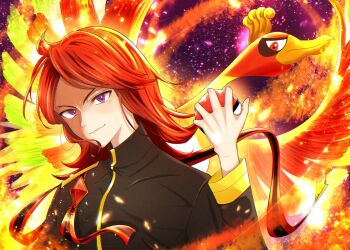 Rule 34 | 1boy, commentary request, embers, feathered wings, fire, gem, gen 2 pokemon, highres, ho-oh, holding, holding poke ball, legendary pokemon, male focus, marin sub1, nintendo, official alternate costume, poke ball, poke ball (basic), pokemon, pokemon (creature), pokemon masters ex, purple eyes, red gemstone, red hair, silver (arc suit) (pokemon), silver (pokemon), upper body, wings